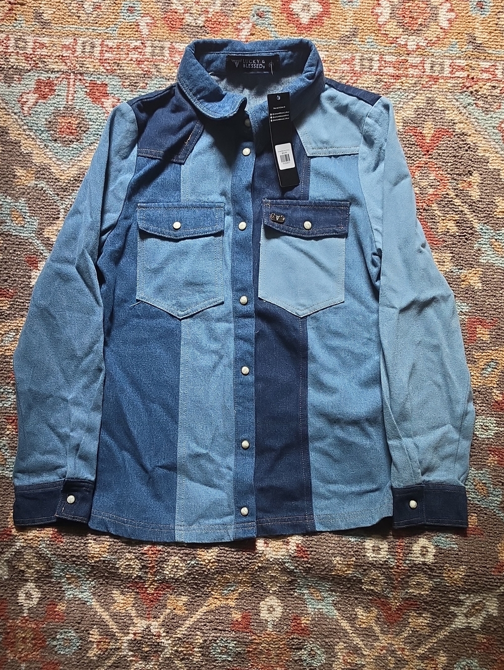 Lucky & Blesses Blue Patchwork Denim Shirt Medium Womens